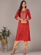 Women Red Viscose Rayon Bandhani Embroidered Straight Kurta